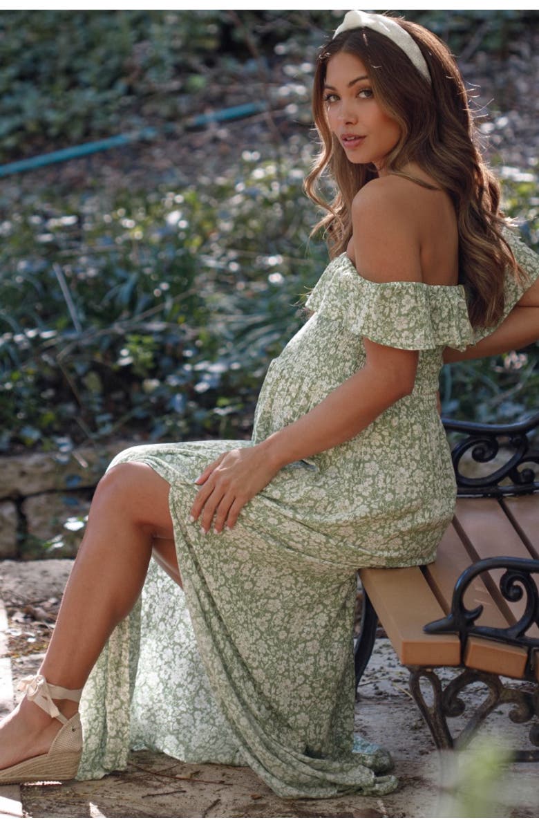 PinkBlush Floral Ruffle Off Shoulder Maxi Dress, Alternate, color, Light Olive