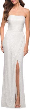 La Femme Simple Sequin Strapless Dress with Faux Wrap Skirt