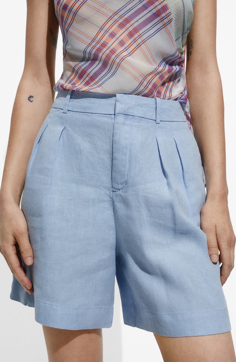 MANGO Pleated High Waist Linen Shorts, Alternate, color, 