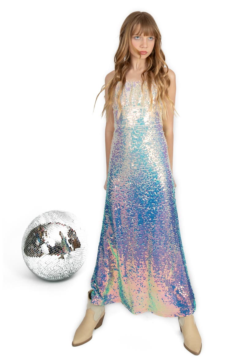 Kids' Ombré Sequin Maxi Party Dress, Alternate, color, IVORY AQUA