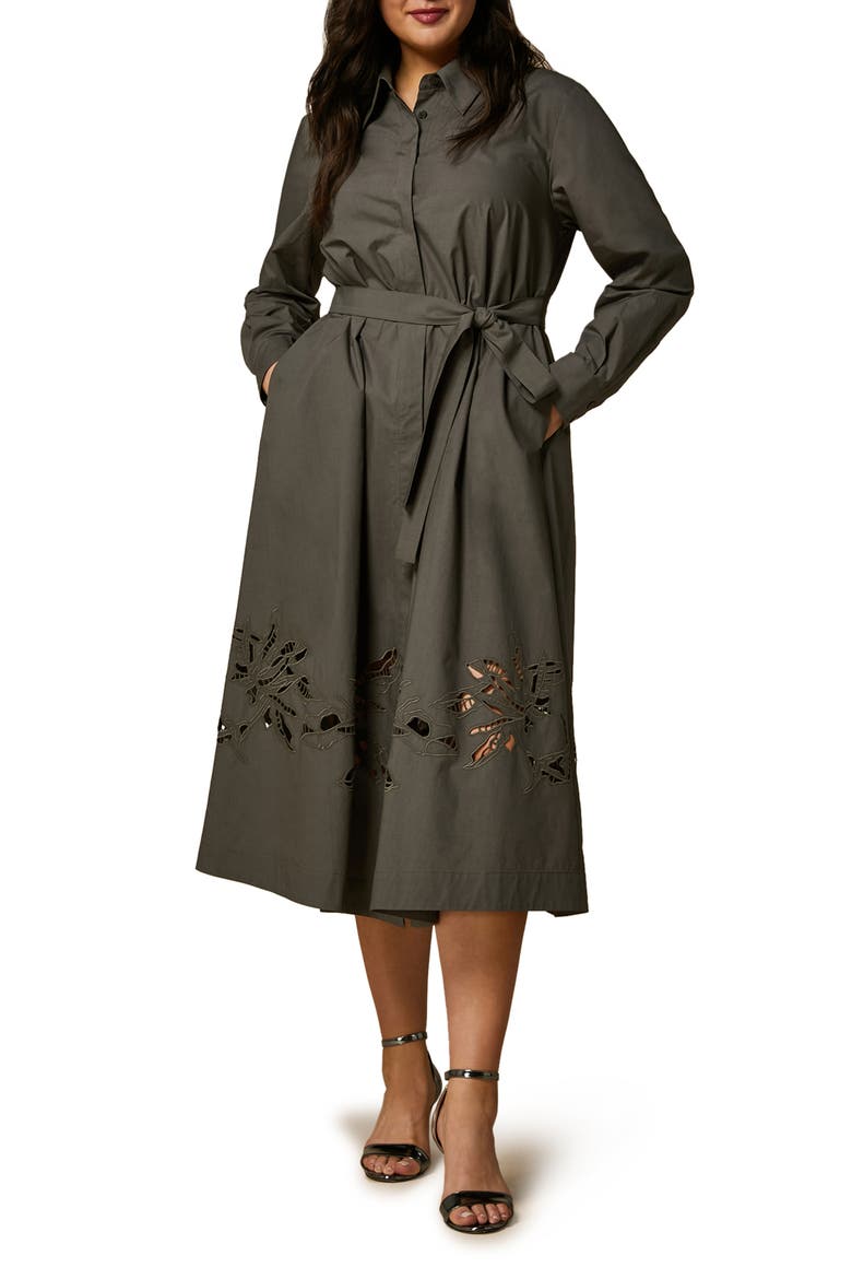 Embroidered Belted Long Sleeve Cotton Poplin Shirtdress, Main, color, KHAKI
