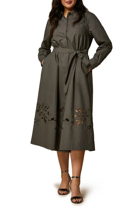 Embroidered Belted Long Sleeve Cotton Poplin Shirtdress (Plus)