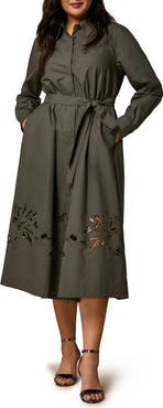 Marina Rinaldi Embroidered Belted Long Sleeve Cotton Poplin Shirtdress