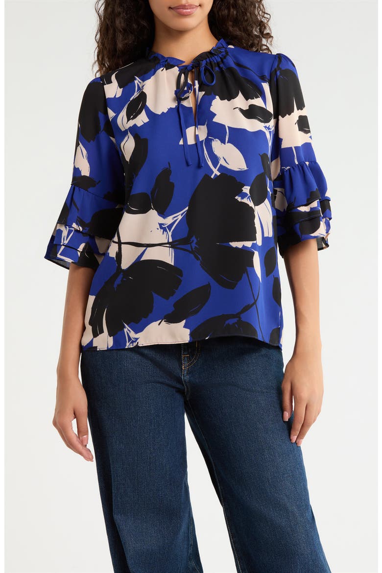 Anthem Floral Break Room Split Neck Top, Main, color, BLUE-BLACK