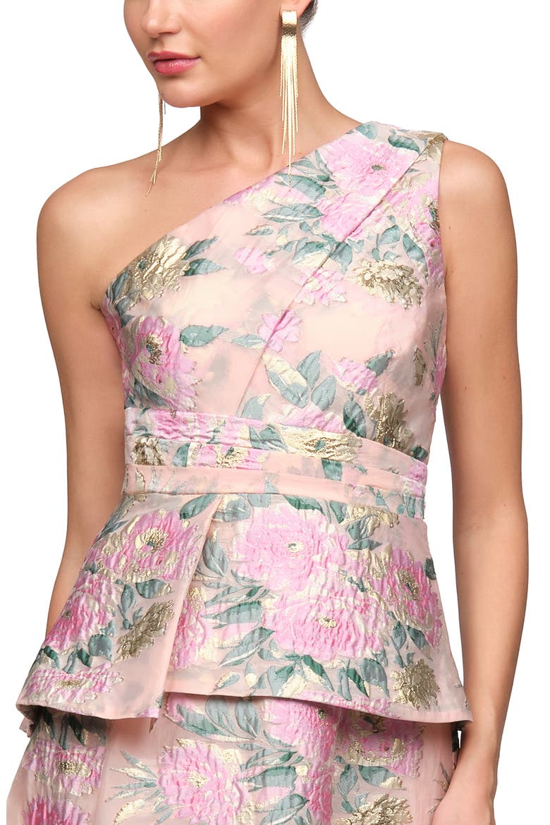 Mia One Shoulder Floral Metallic Jacquard Peplum Gown, Alternate, color, BLUSH MULTI