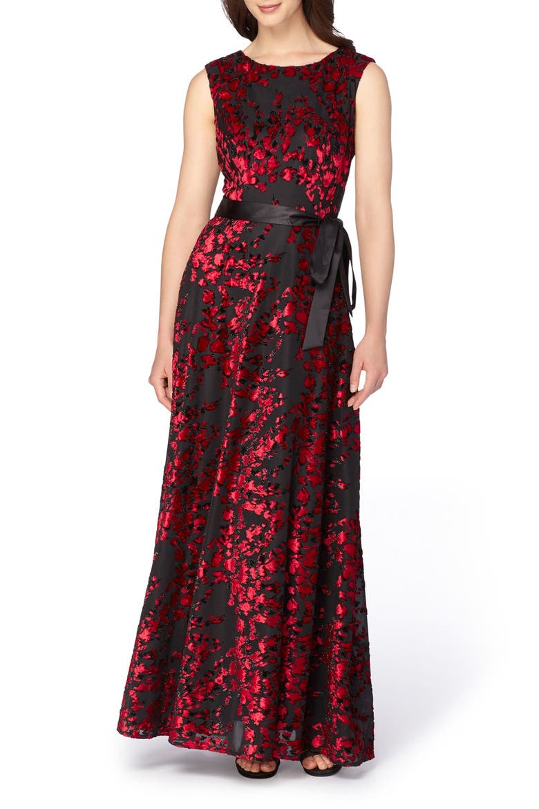 Burnout Velvet Gown, Main, color, BLACK/ GARNET