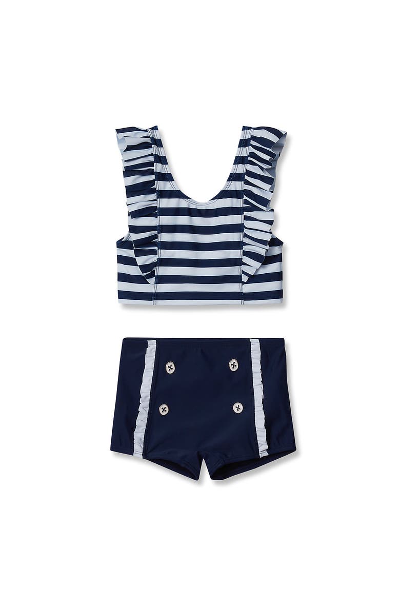 Lands' End Girls Chlorine Resistant Ruffle Tankini Swimsuit Set, Main, color, Deep Sea Navy Stripes
