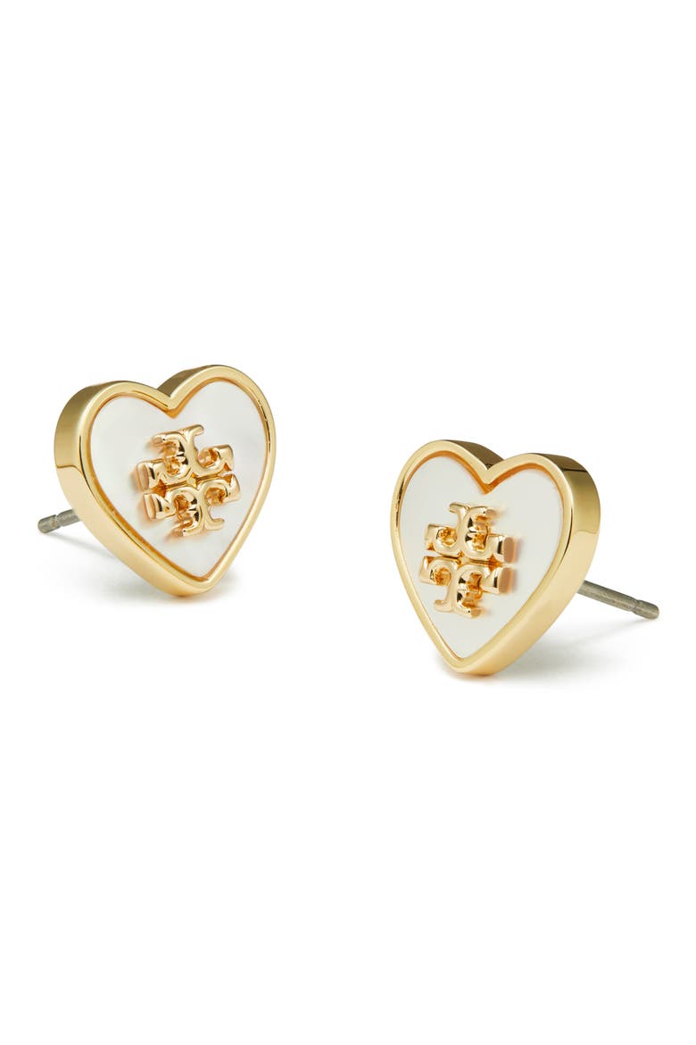 Forget Me Not Heart Stud Earrings, Alternate, color, TORY GOLD / MOTHER OF PEARL