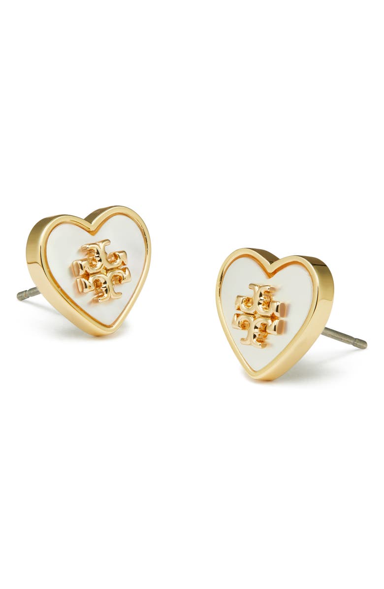 Tory Burch Forget Me Not Heart Stud Earrings, Alternate, color, Tory Gold / Mother Of Pearl