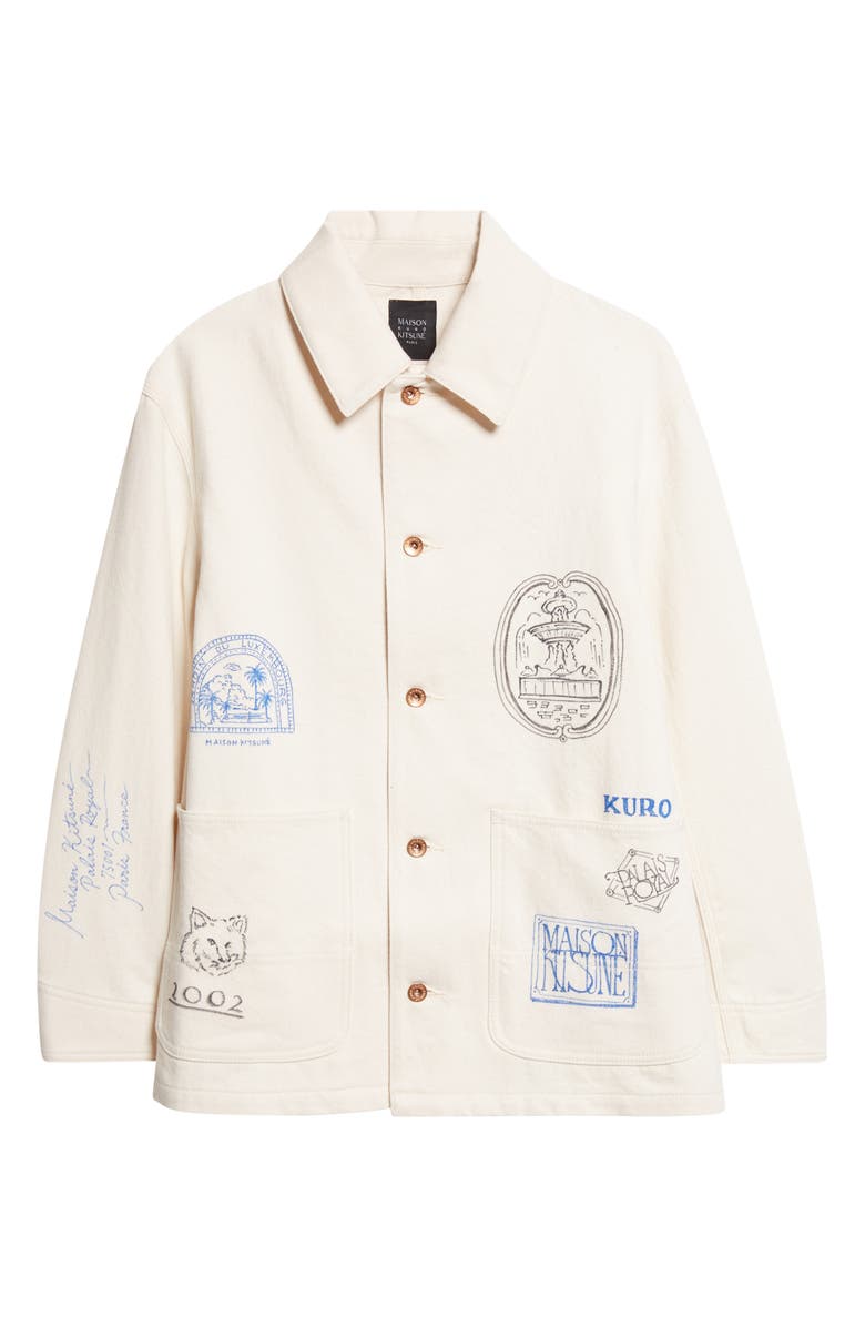 KURO x Maison Kitsuné Hand Painted Postcard Denim Chore Jacket, Main, color, Off White