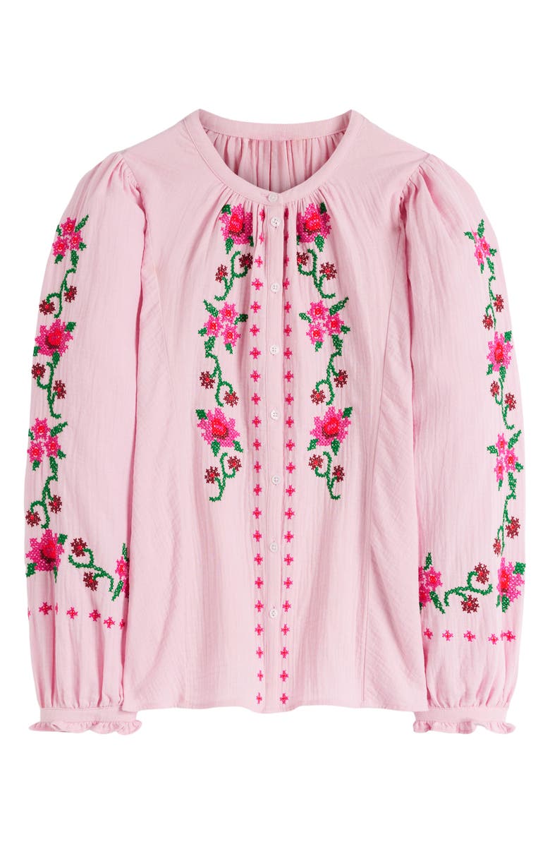 Boden Camille Double Cloth Button-Up Shirt, Alternate, color, Pink Embroidery