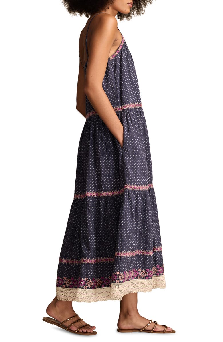 Lucky Brand Embroidered Printed Tiered Cotton Maxi Sundress, Alternate, color, Indigo