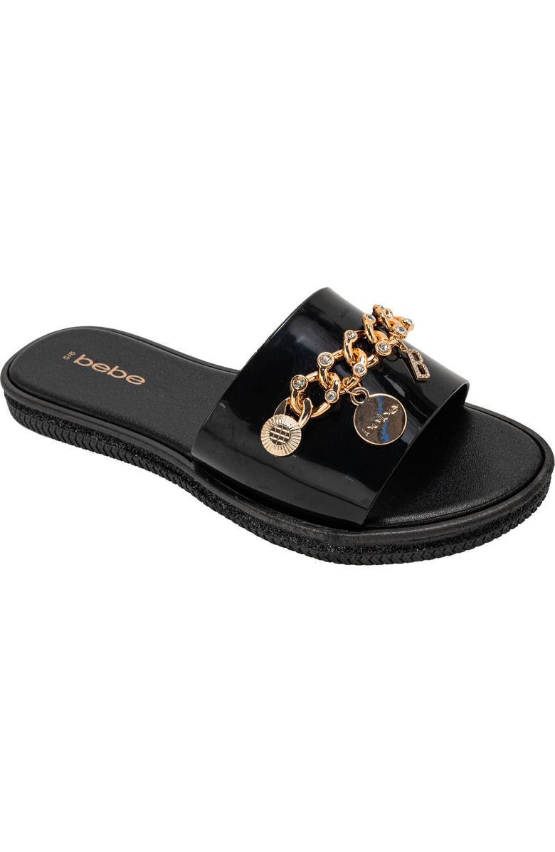 bebe Chain Charm Slide Sandal, Main, color, Black