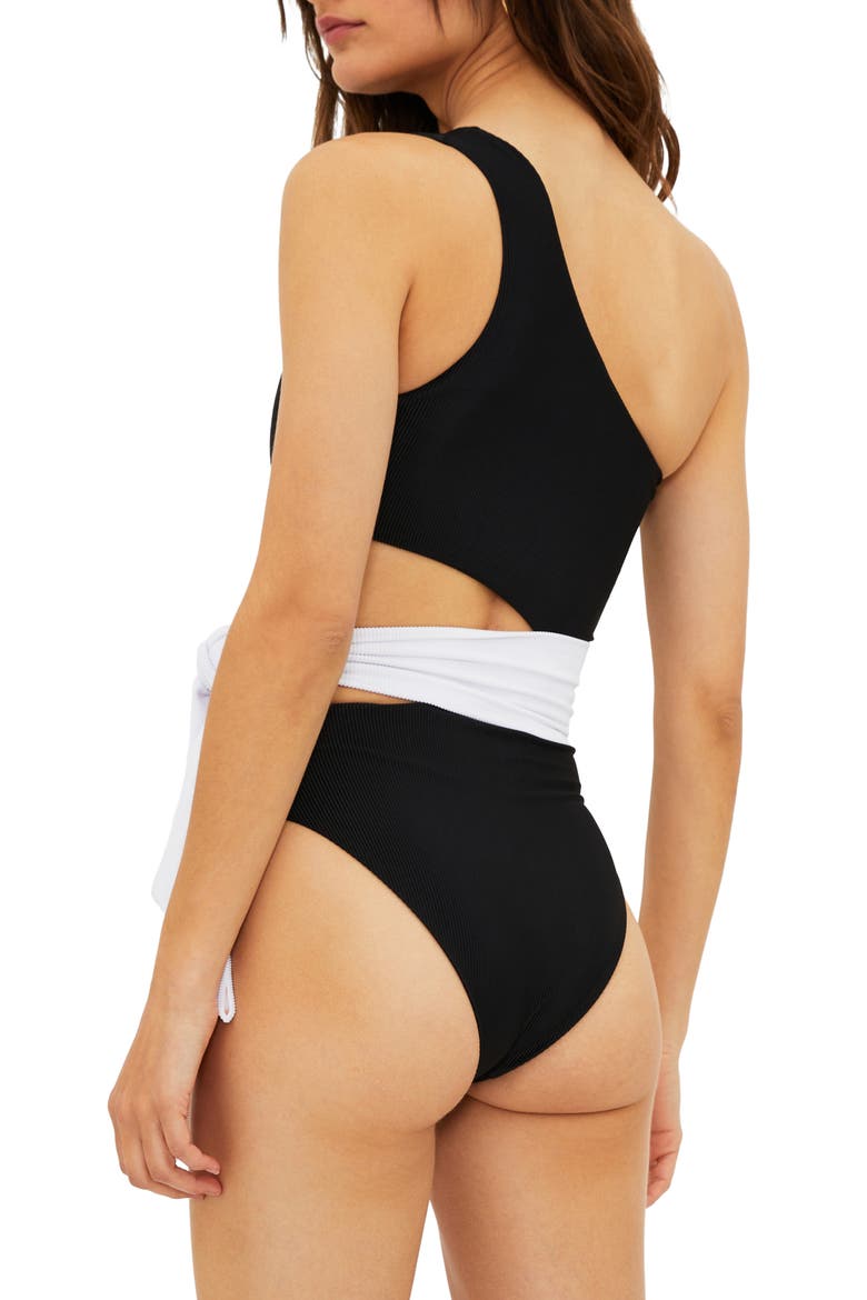 Carlie Cutout One-Shoulder Tie Waist One-Piece Swimsuit, Alternate, color, BLACK/ WHITE