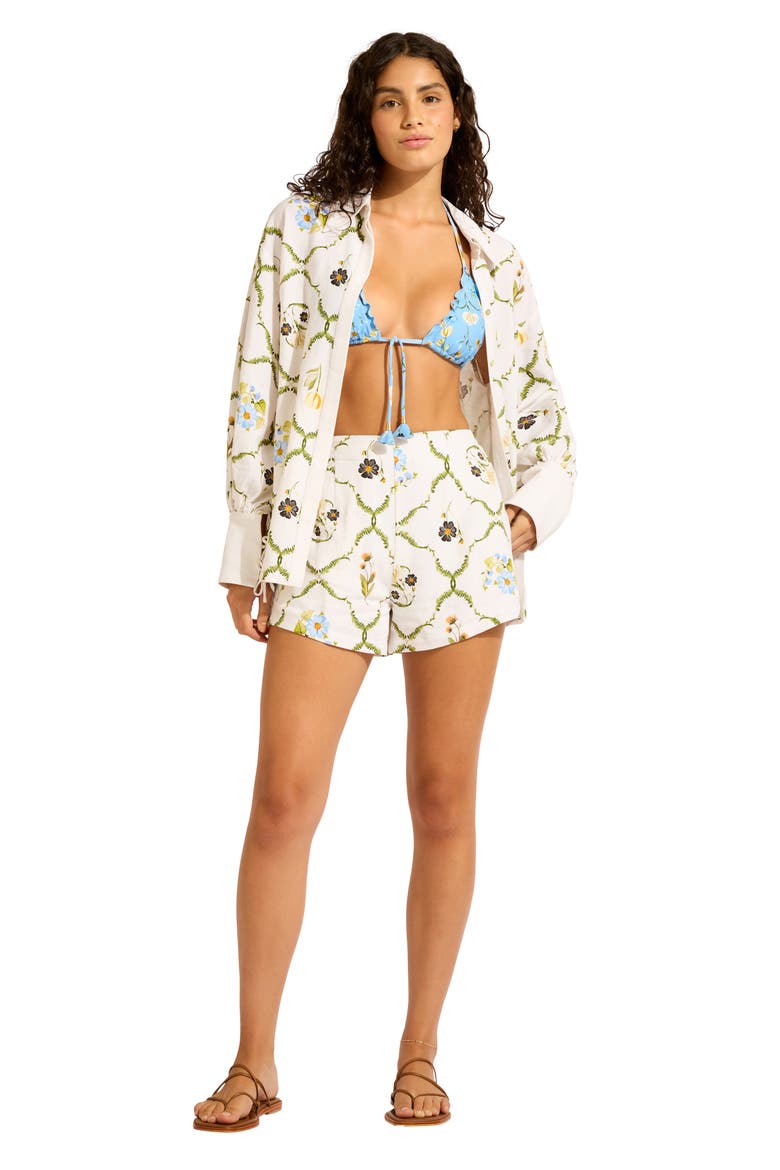 Floral Linen Blend Cover-Up Shirt, Alternate, color, WHITE