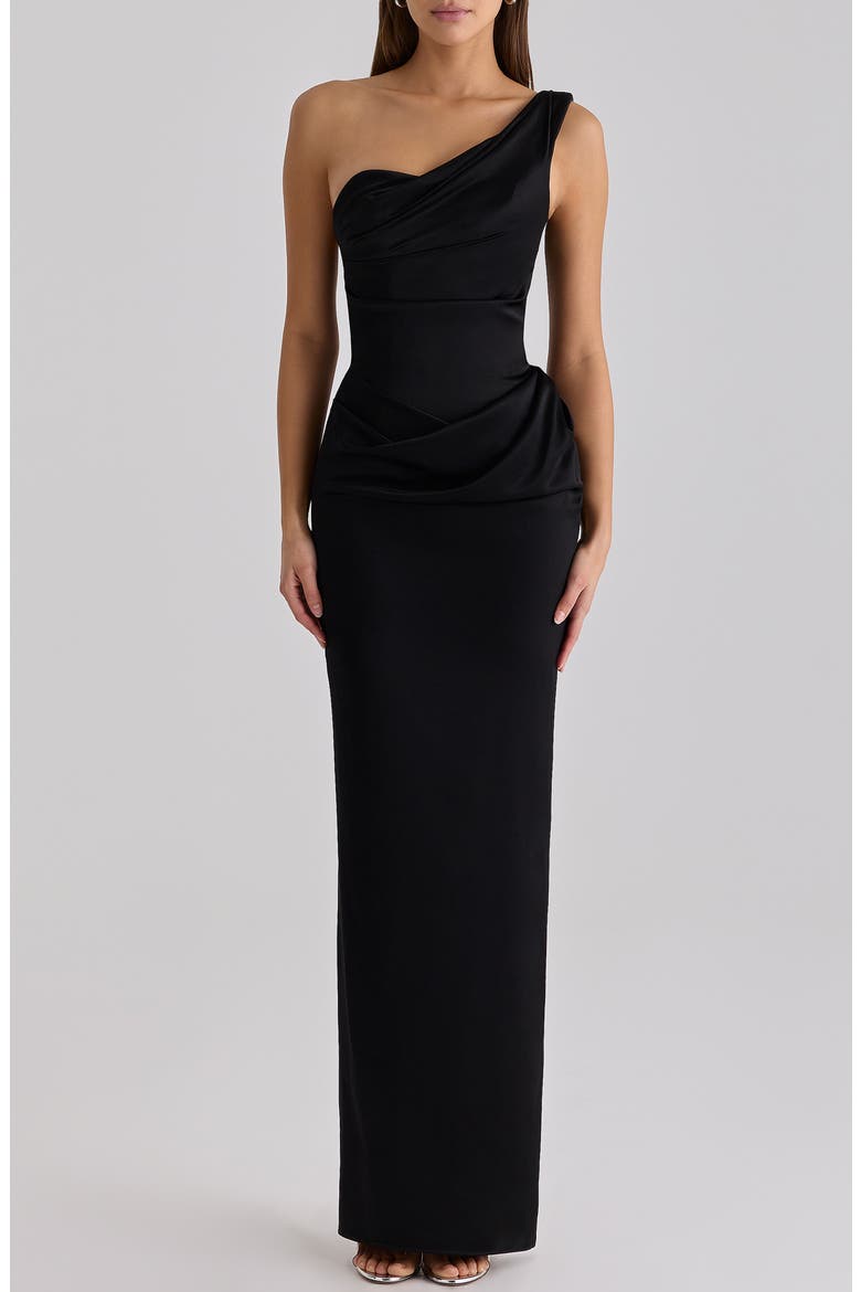 Caprice One-Shoulder Satin Gown, Alternate, color, BLACK