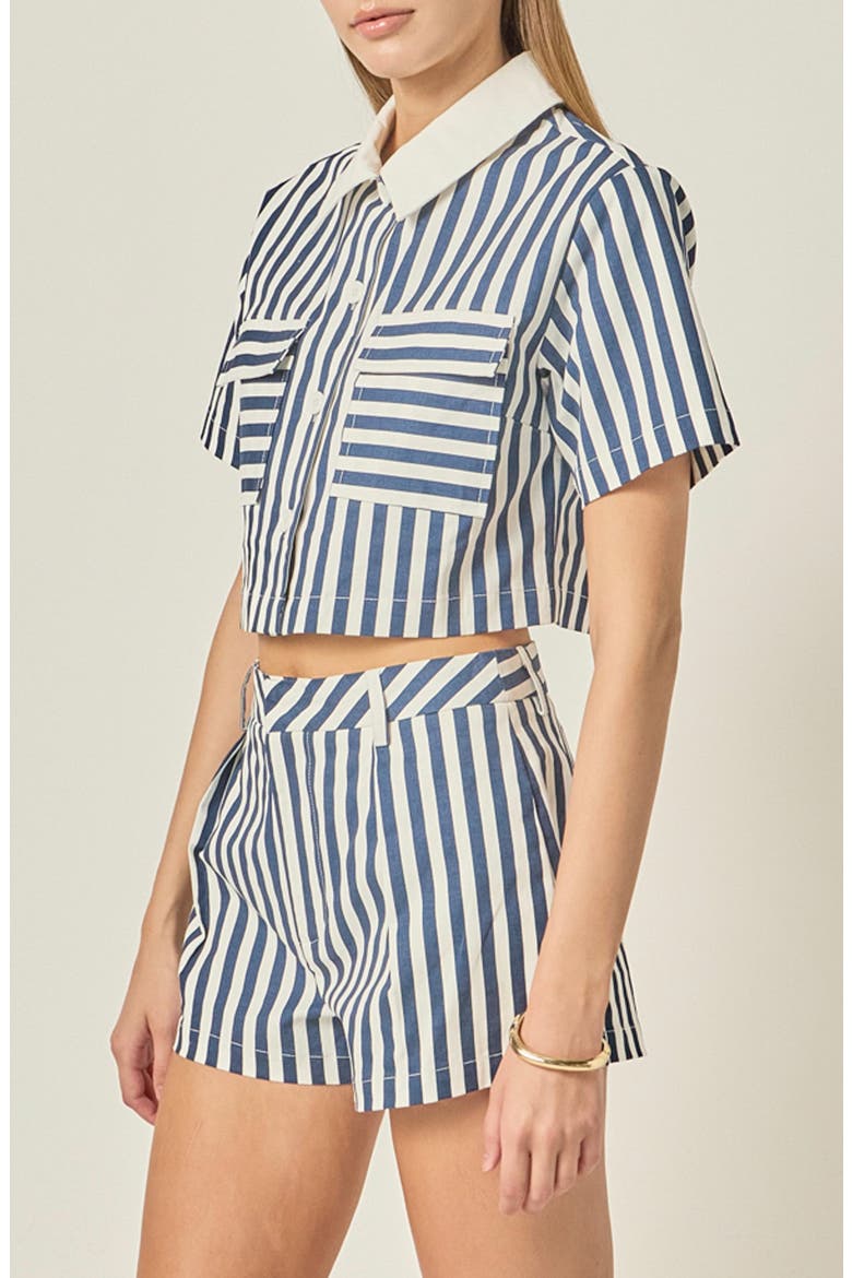 Stripe Short Sleeve Crop Shirt, Alternate, color, NAVY/ OFF WHITE
