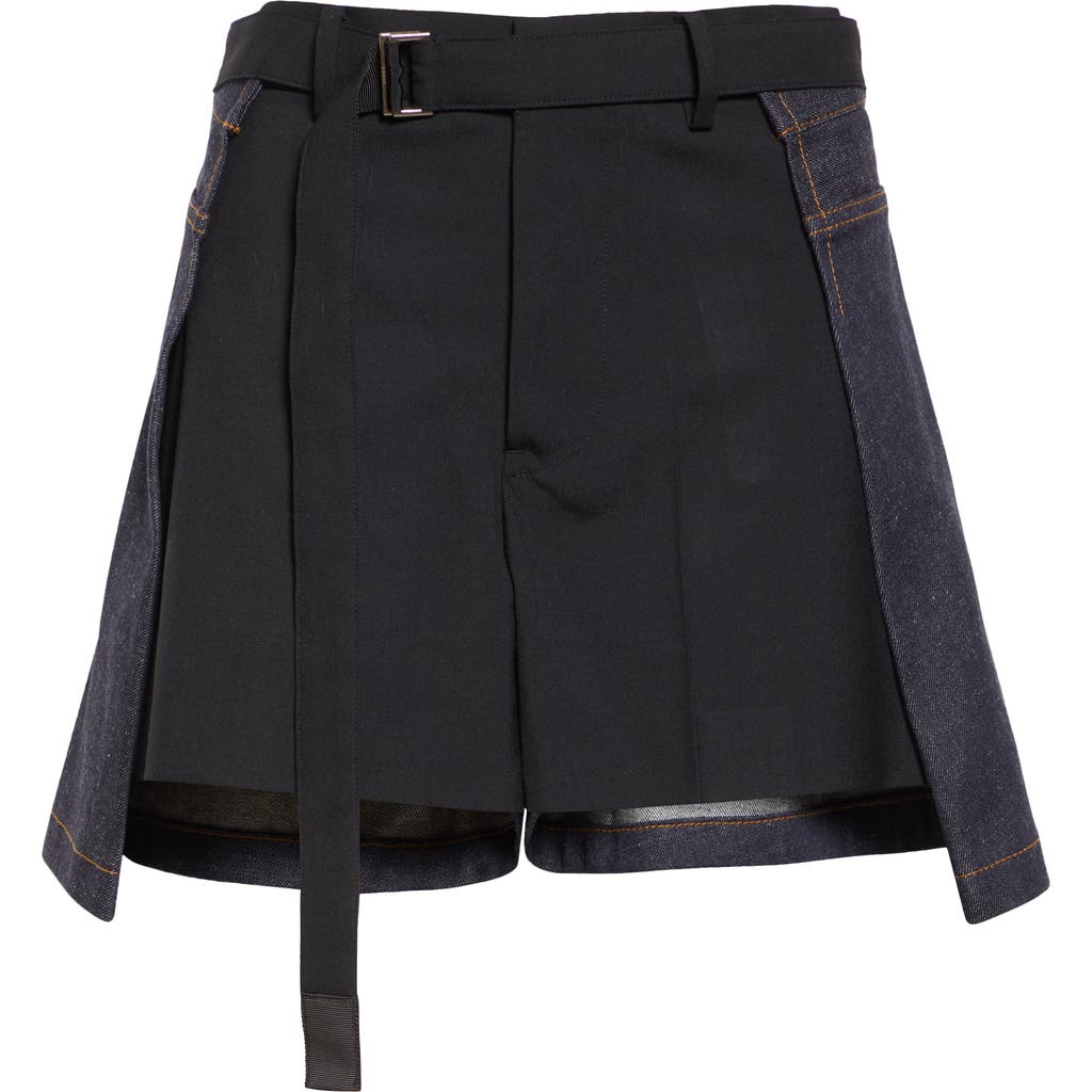 Sacai Belted Suiting Denim Mini Shorts In Black/indigo
