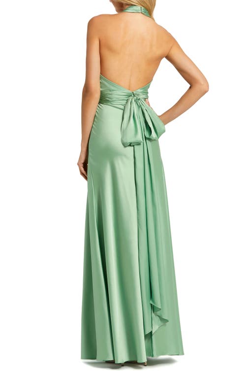 Mac Duggal Ruched Halter Neck Tie Back Satin Gown In Sage