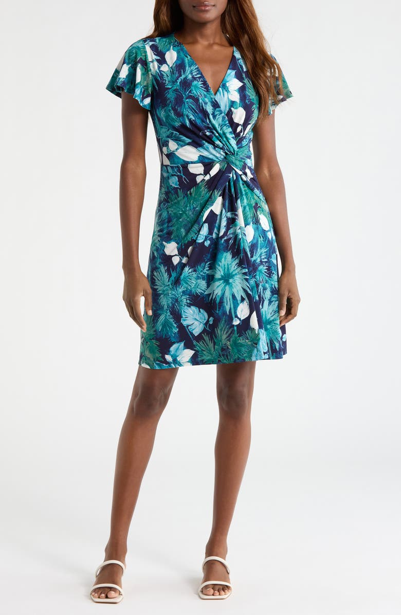 Tommy Bahama Sophia Serene Palms Flutter Sleeve Faux Wrap Dress, Main, color, Coastline