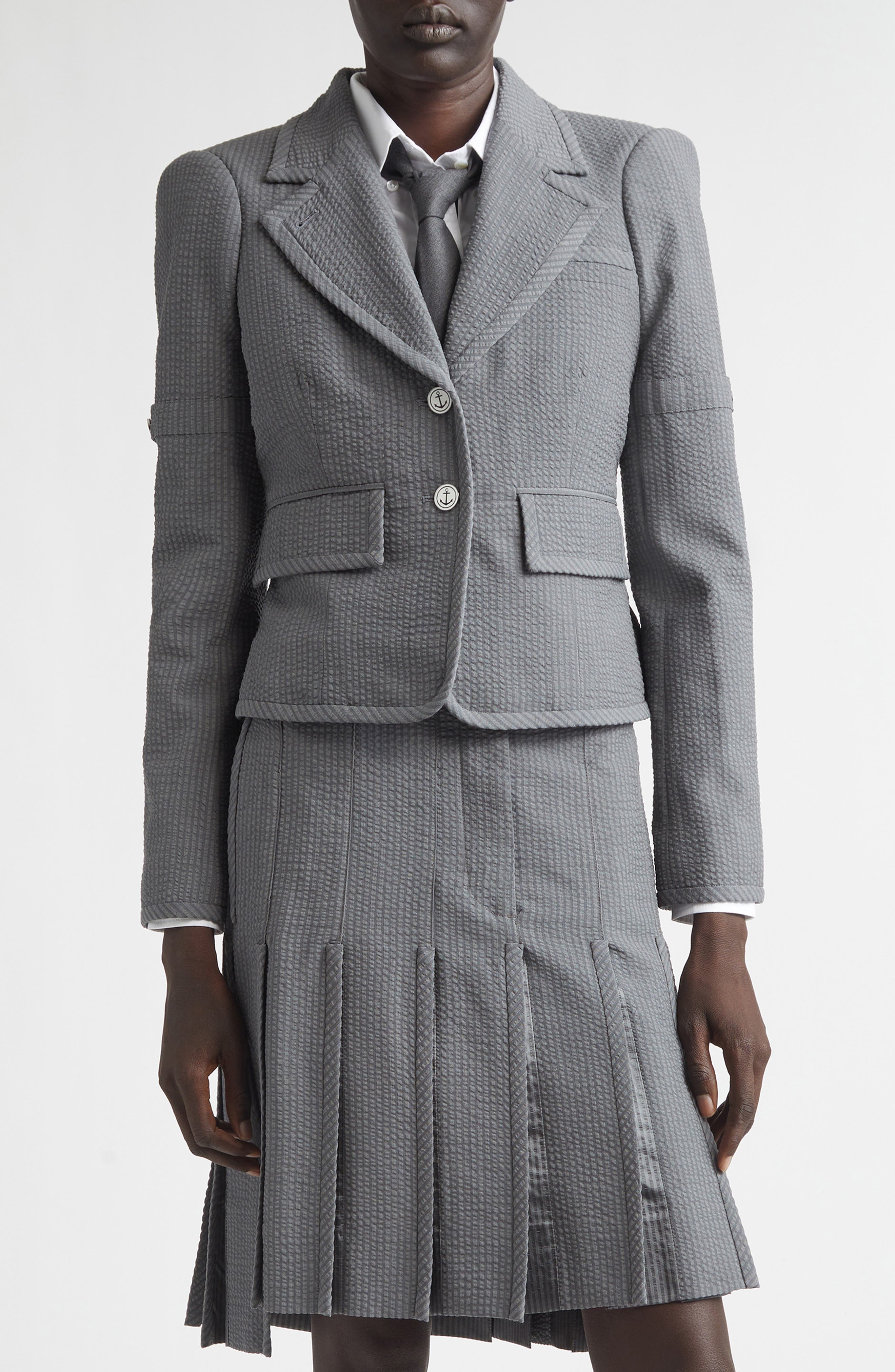 Crop Sculpted Shoulder Wool Seersucker Jacket