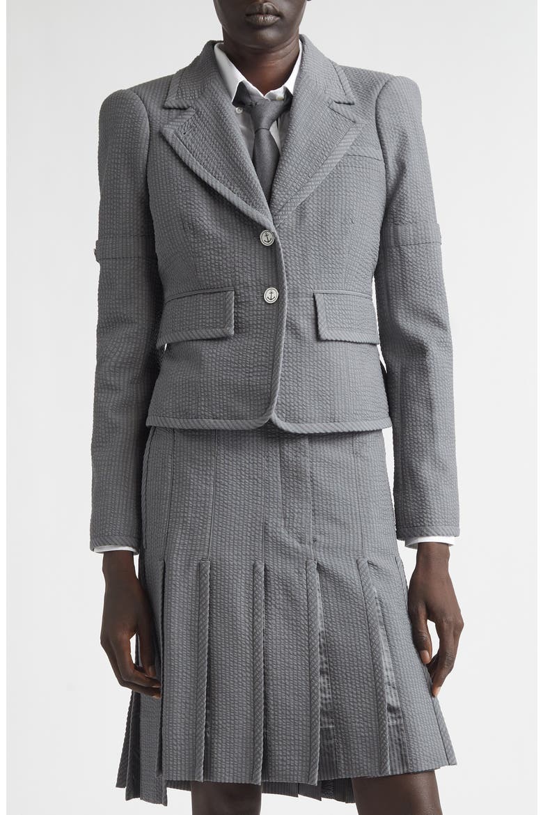 Crop Sculpted Shoulder Wool Seersucker Jacket, Main, color, LIGHT GREY