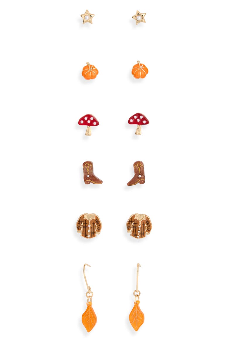 Set of 6 Harvest Stud & Drop Earrings, Main, color, ORANGE MULTI- GOLD