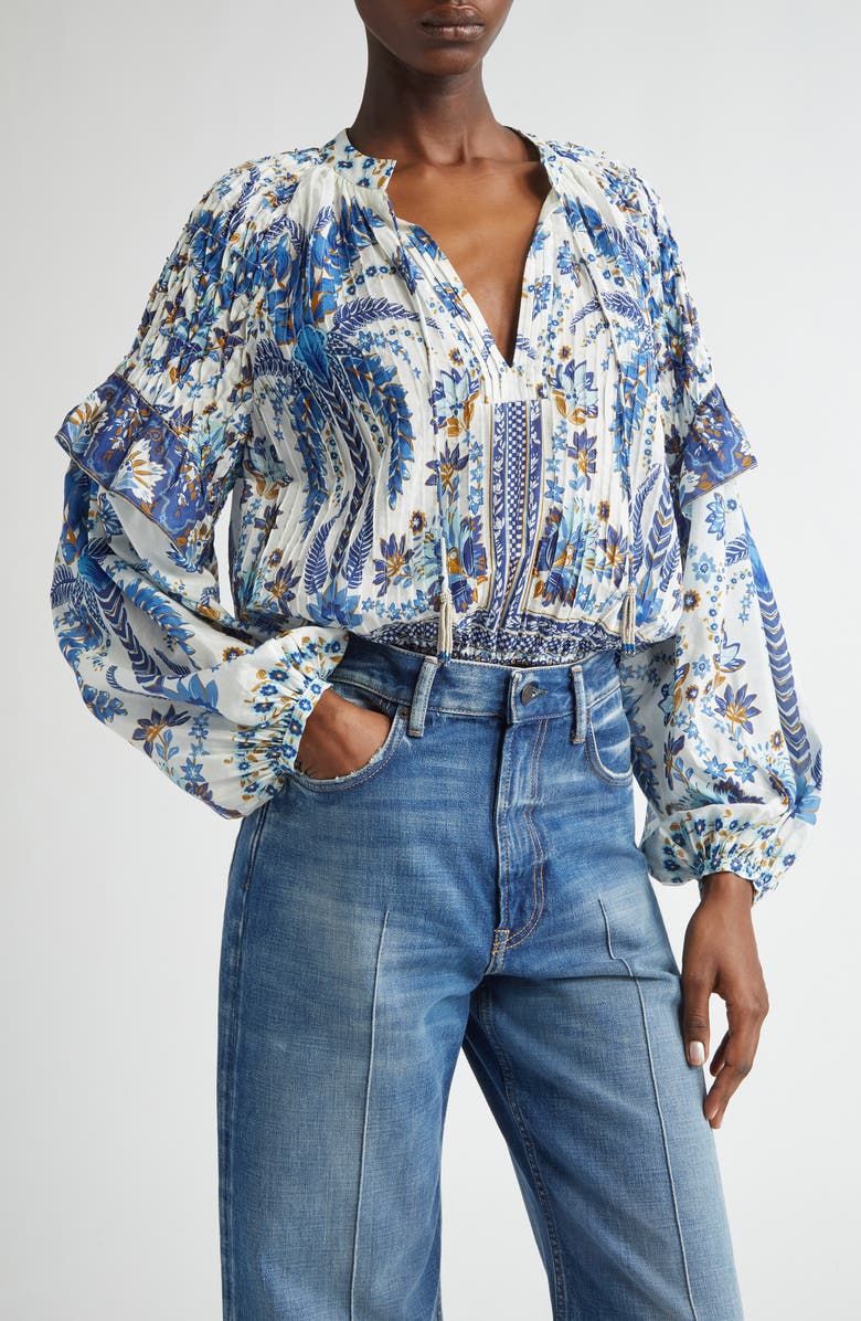 FARM Rio Ana Tapestry Cotton Blend Ruffle Top, Main, color, 