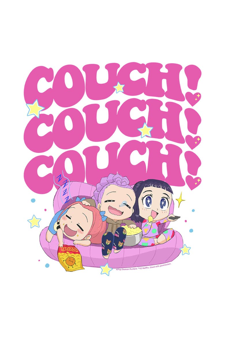 Boy's KPop Demon Hunters Cute Friendship Couch Time  Graphic T-Shirt, Alternate, color, White