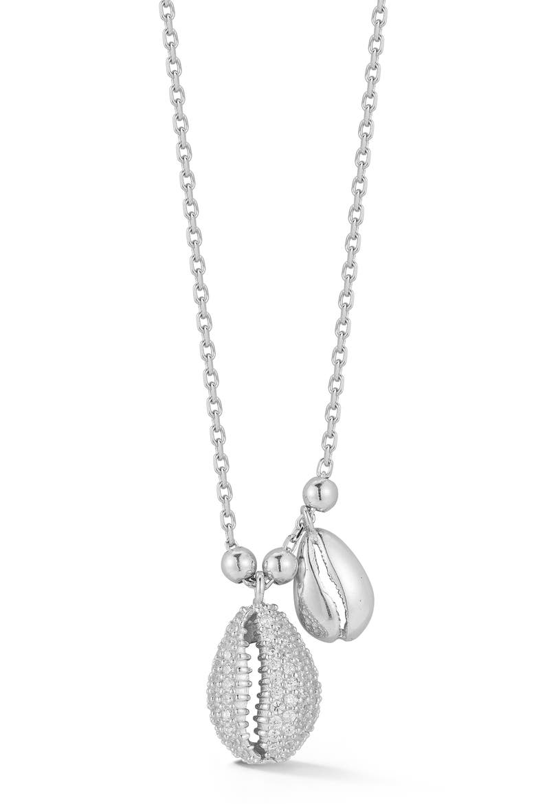 Pavé Cubic Zirconia Shell Charm Pendant Necklace, Main, color, SILVER