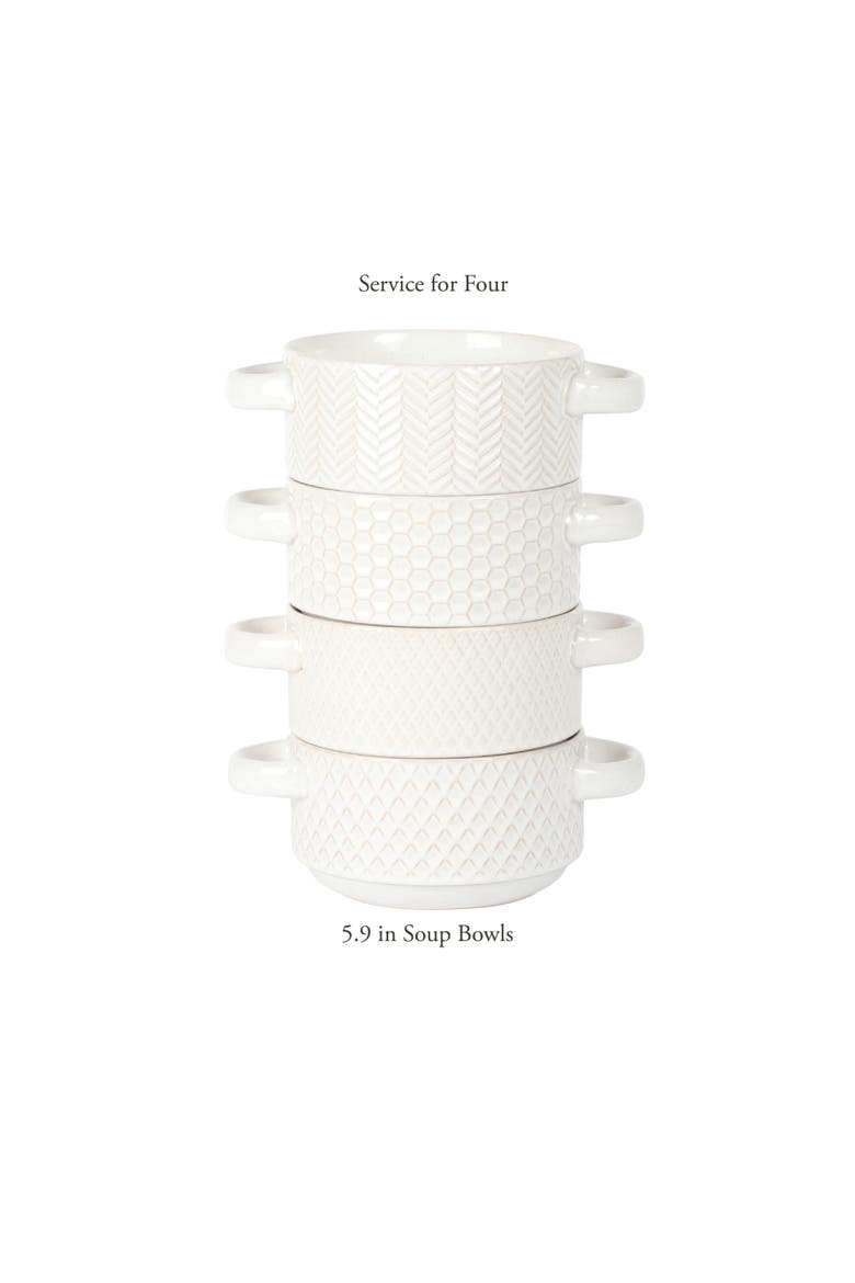 Oyster Tide 4-Piece Embossed Reactive Glaze Stoneware Soup Bowl Set, Main, color, White