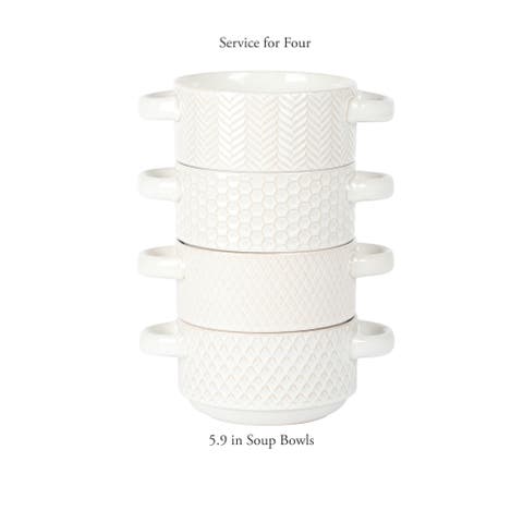 Oyster Tide 4-Piece Embossed Reactive Glaze Stoneware Soup Bowl Set