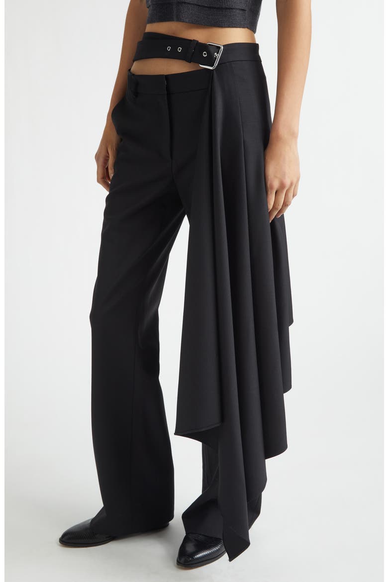 Regular Fit Belted Pleated Stretch Virgin Wool Skirt Trousers, Alternate, color, BLACK