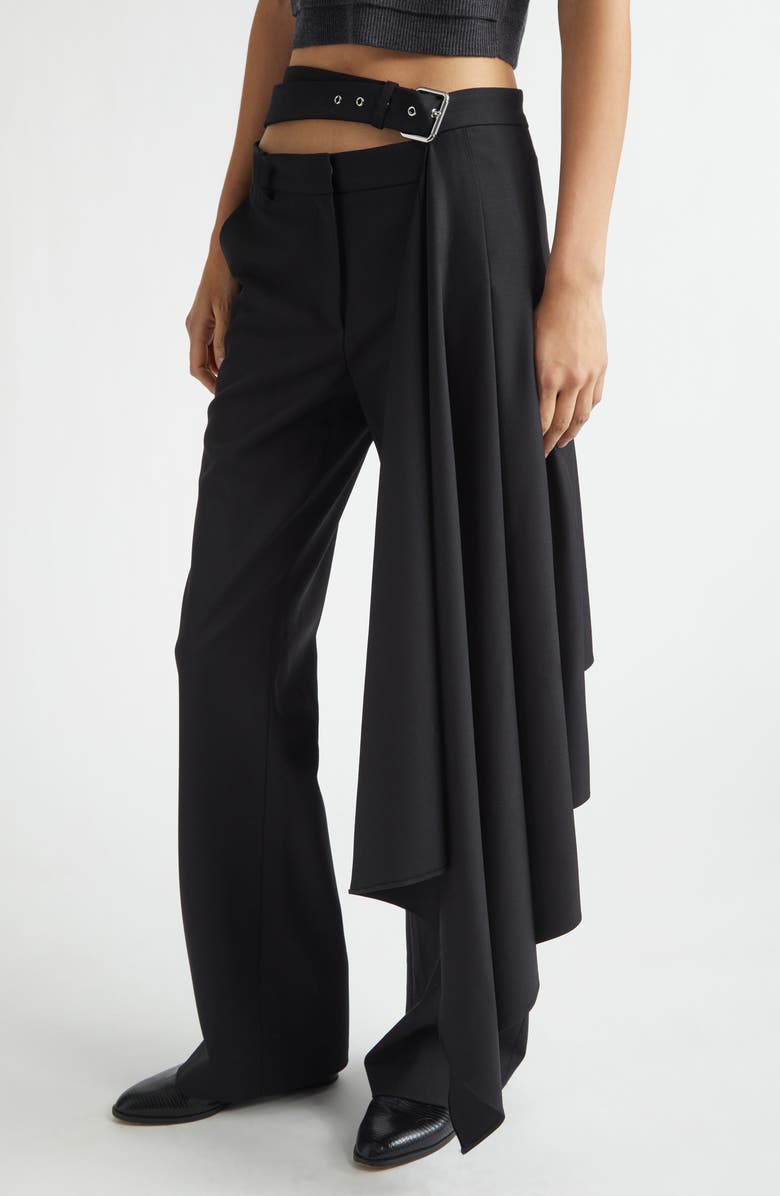 MONSE Regular Fit Belted Pleated Stretch Virgin Wool Skirt Trousers, Alternate, color, Black