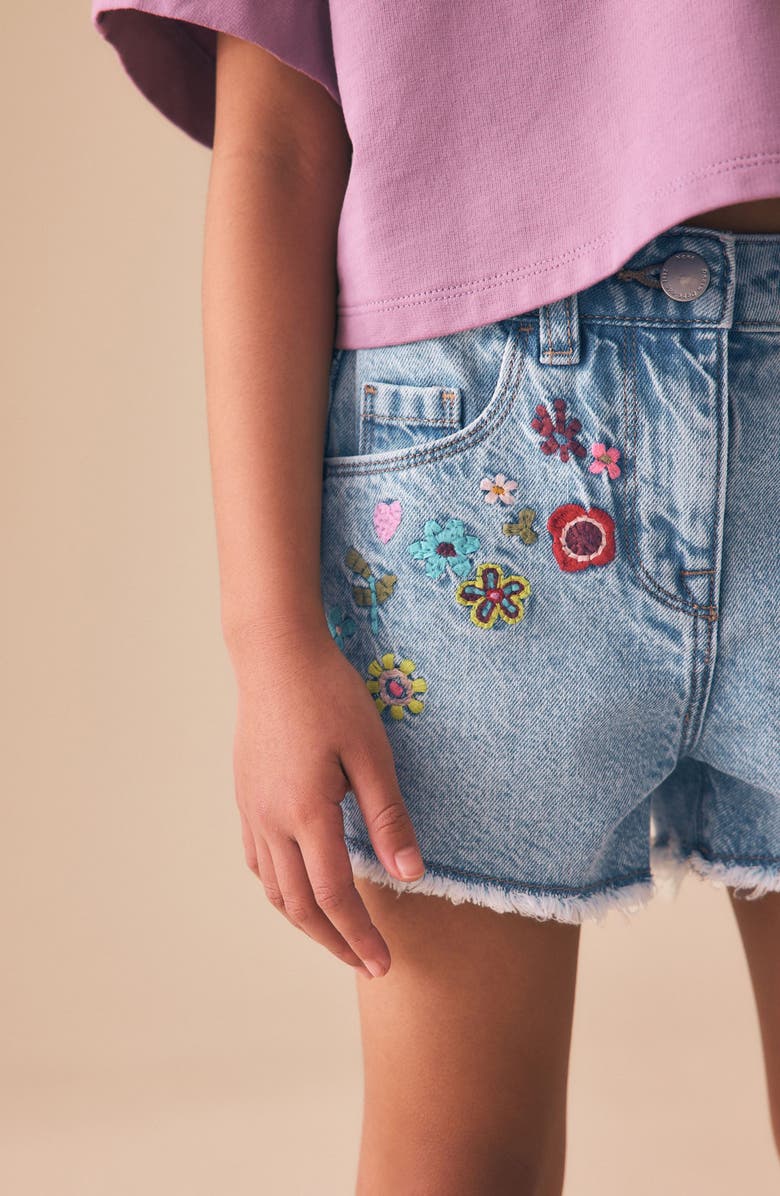 NEXT Kids' Embroidered Floral Denim Shorts, Alternate, color, Blue