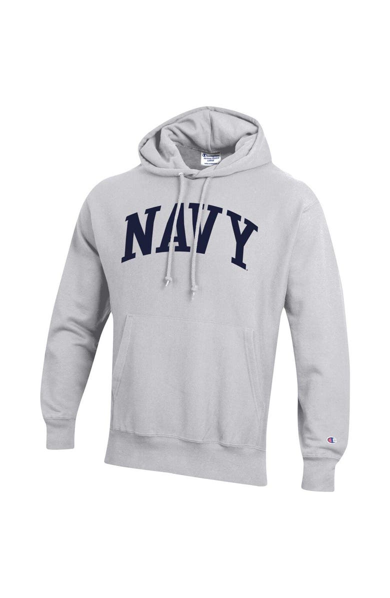 Champion Men's Champion Heathered Gray Navy Midshipmen Team Arch Reverse Weave Pullover Hoodie, Alternate, color,