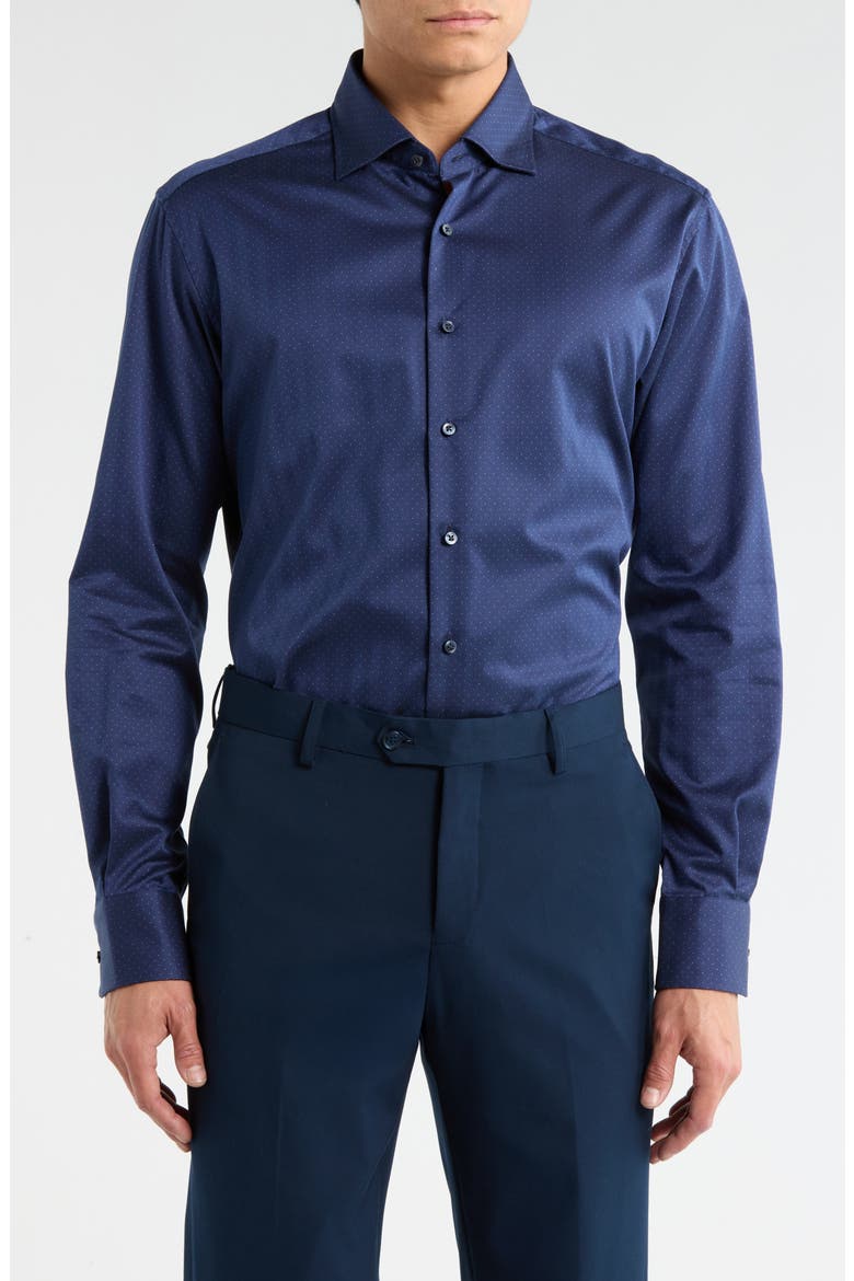 Modern Fit Dobby Dot Button Front Shirt, Main, color, DARK BLUE
