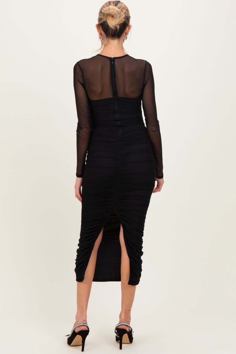 Mesh Ruched Long Sleeve Midi Dress, Alternate, color, Black
