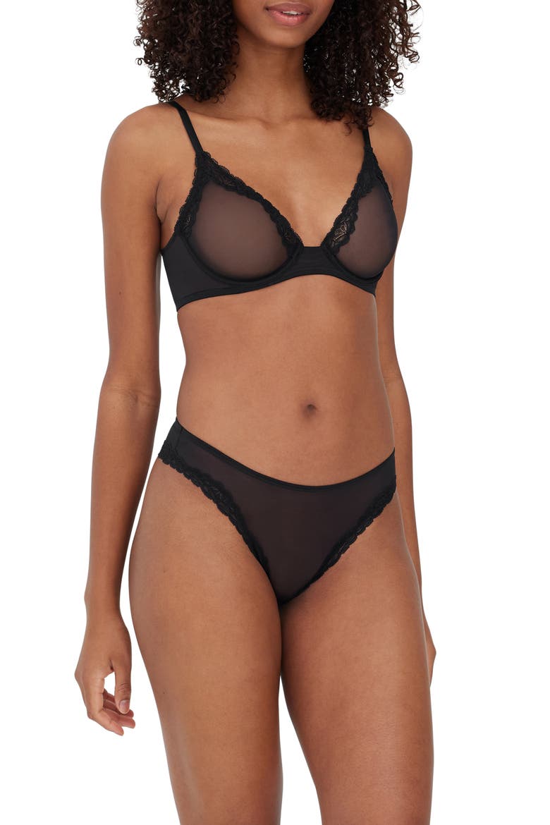 Passion Underwire Plunge Unlined Mesh Bra, Alternate, color, BLACK