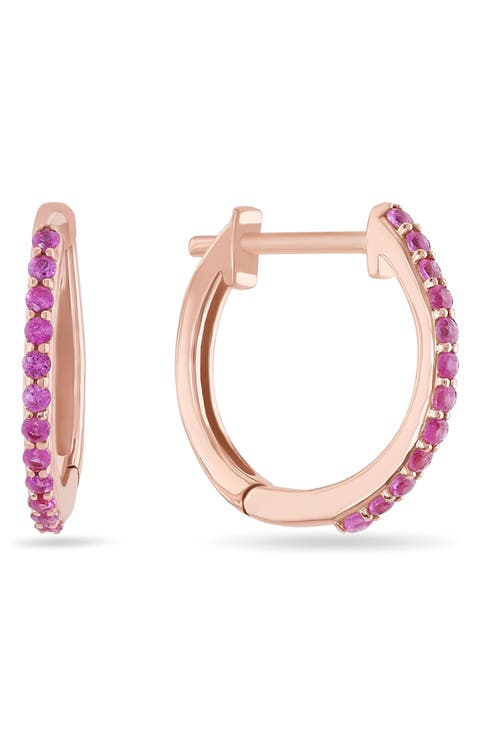 14K Gold Mini Pink Sapphire Huggie Hoop Earrings