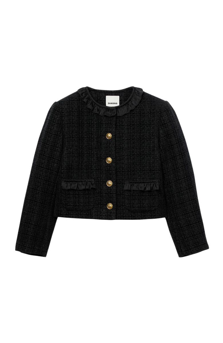 SANDRO Ruffled tweed jacket, Alternate, color, Black