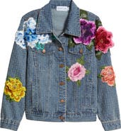 NIKKI LUND Blossom Embroidered Floral Appliqué Denim Trucker Jacket