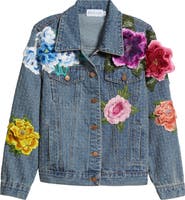 NIKKI LUND Blossom Embroidered Floral Appliqué Denim Trucker Jacket
