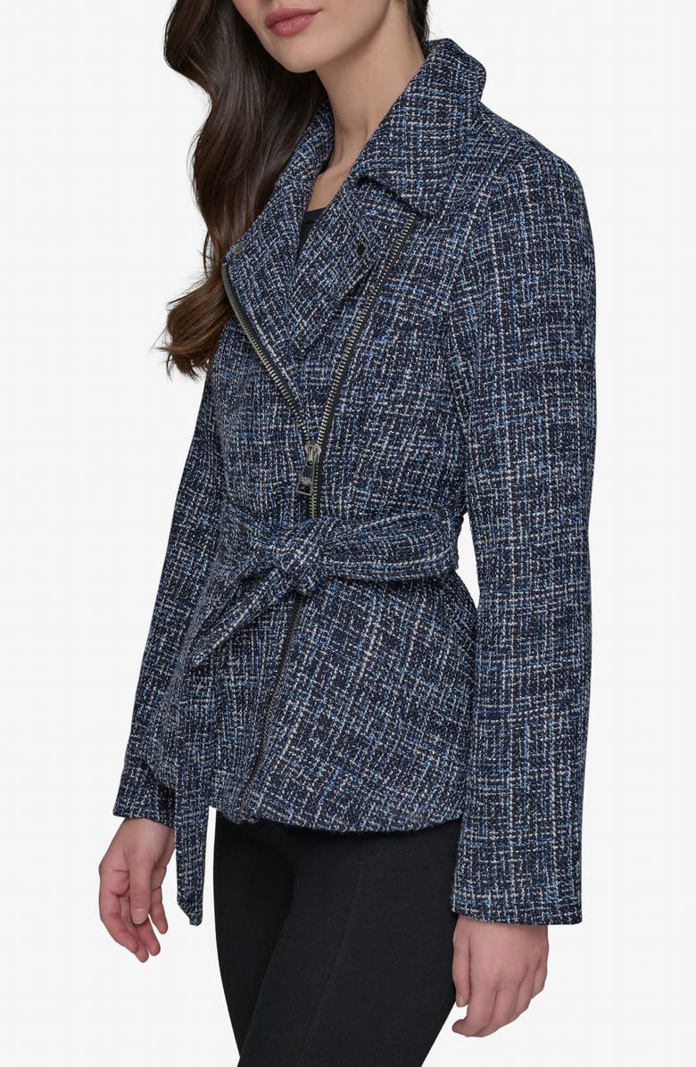 KARL LAGERFELD PARIS Belted Tweed Moto Jacket, Alternate, color, Blue Multi
