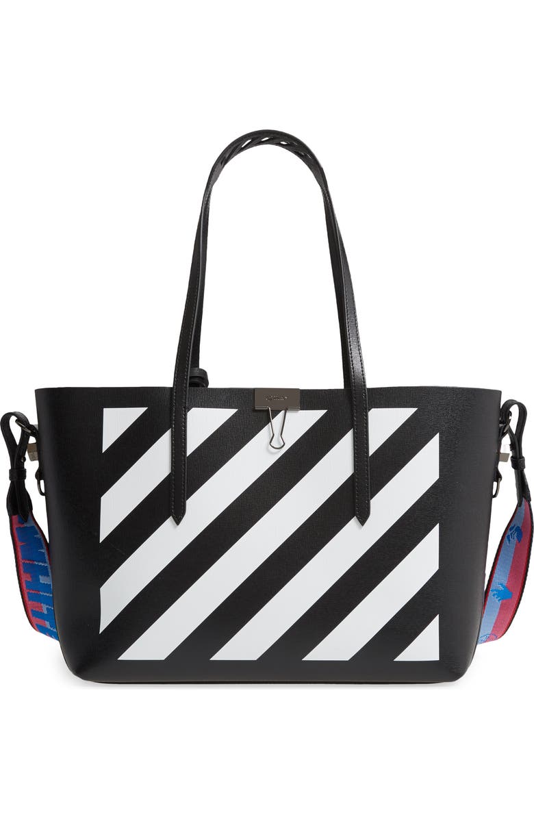 Off-White Binder Clip Diagonal Stripe Leather Shopper, Main, color,