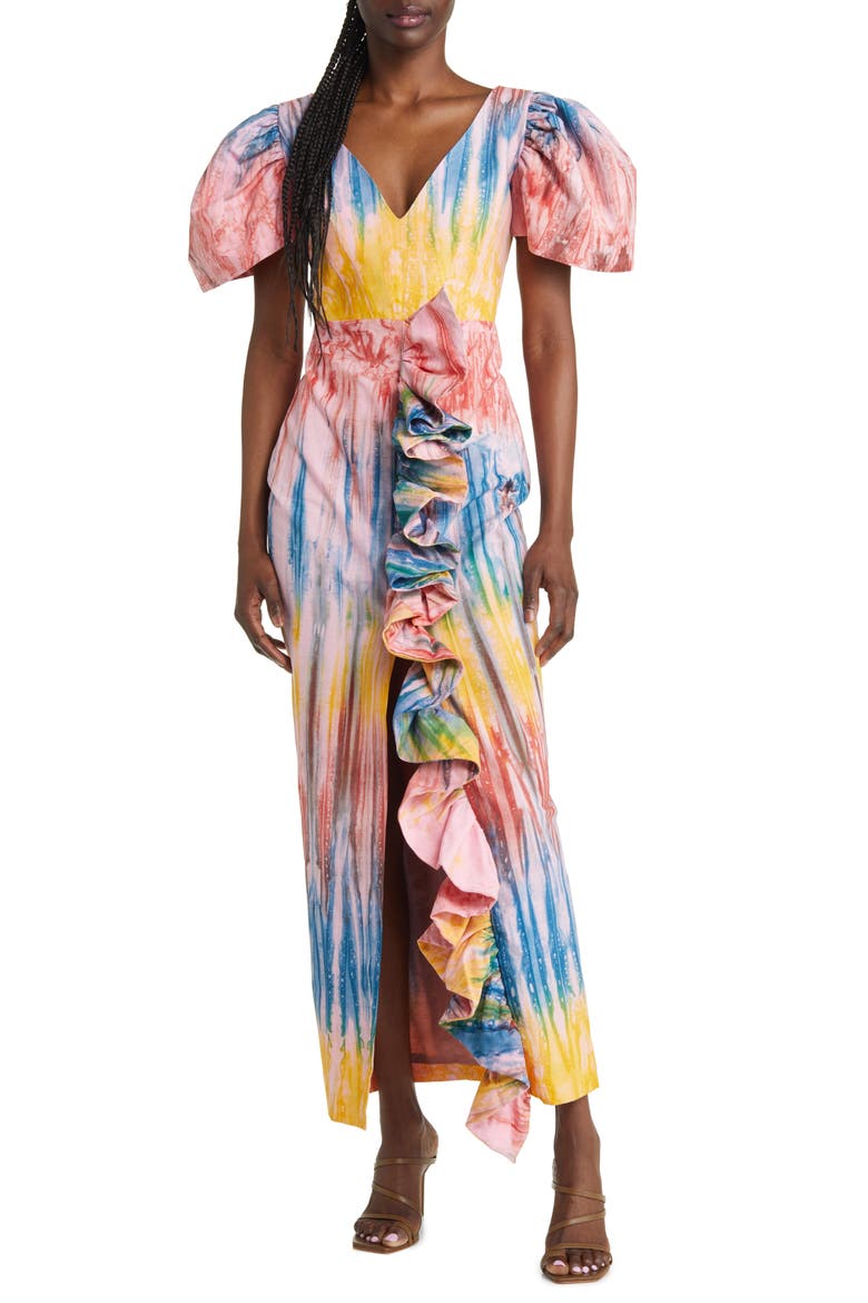 Temi Ruffle Cotton Maxi Dress, Main, color, SUNSET MULTI
