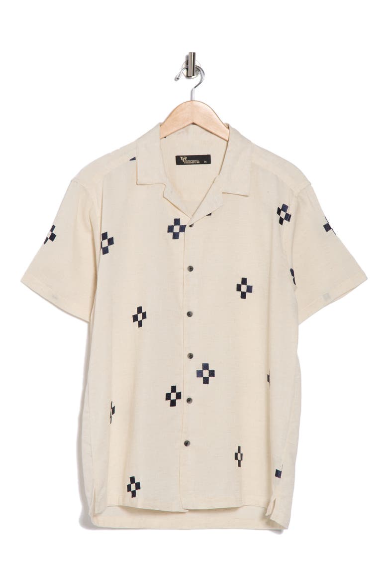 Geometric Embroidered Camp Shirt, Alternate, color, FLAX