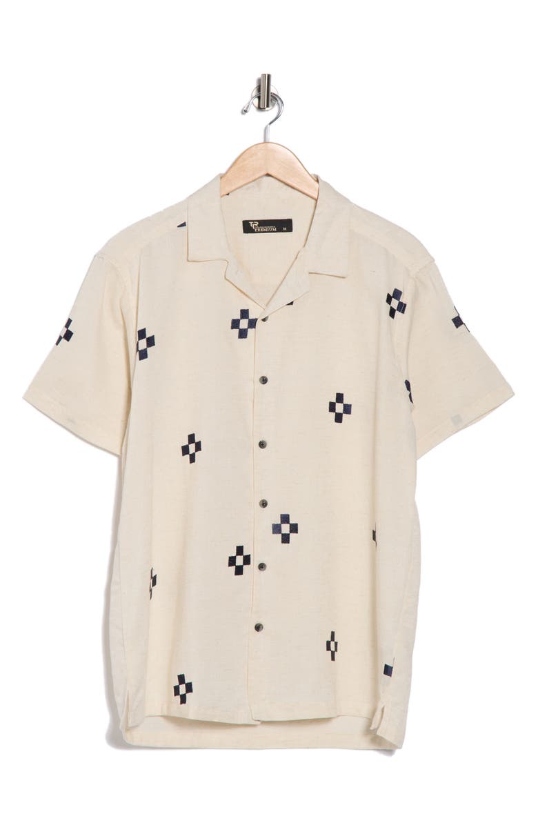 T.R. PREMIUM Geometric Embroidered Camp Shirt, Alternate, color, Flax