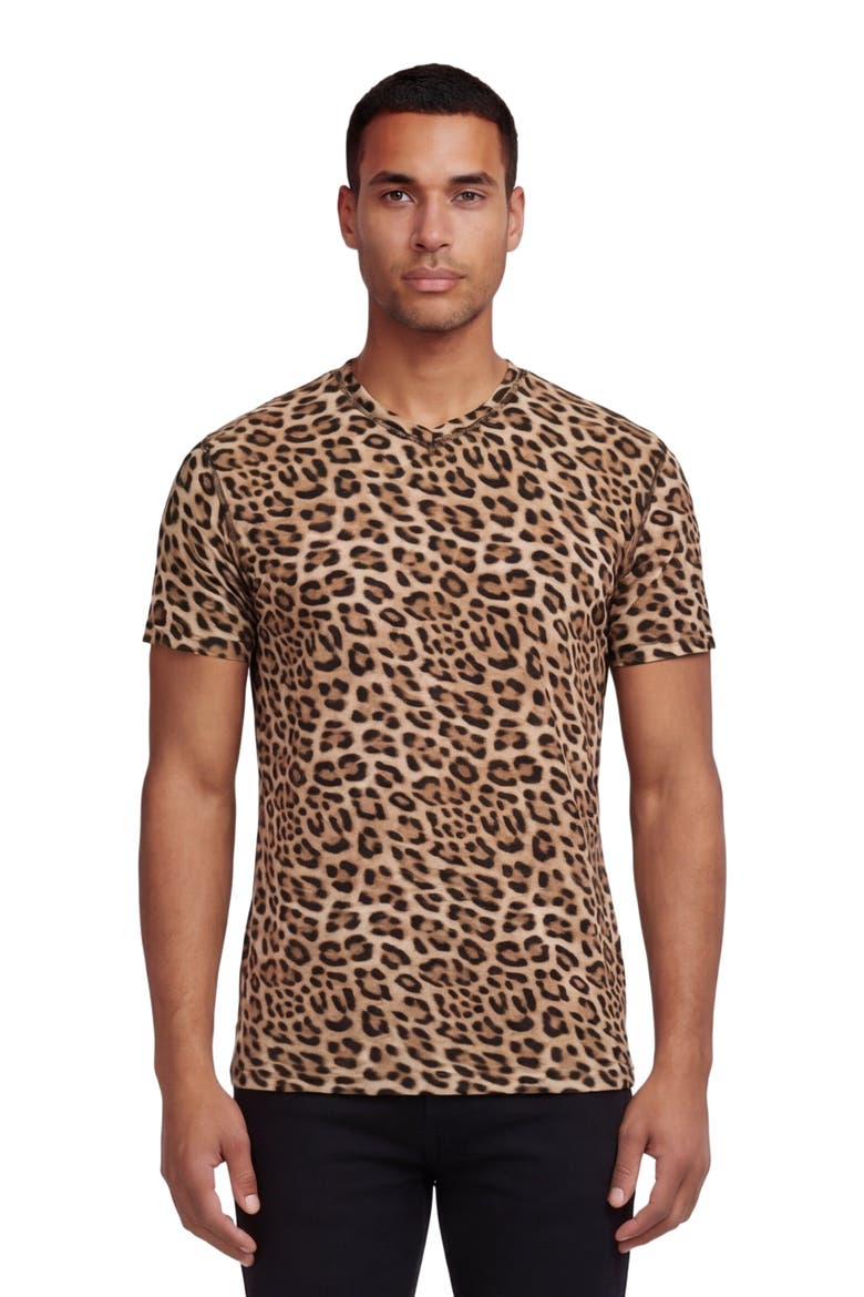 Leopard Mens Wool Vneck Tee, Main, color, LEOPARD BROWN