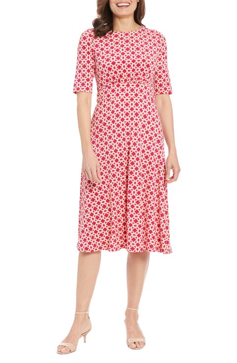 Geo Print Elbow Sleeve Fit & Flare Dress
